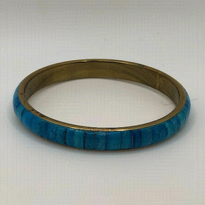Vtg Turquoise Blue Dyed Bone Inlay Inlaid Brass Bangle 8” / 2.6” Diameter